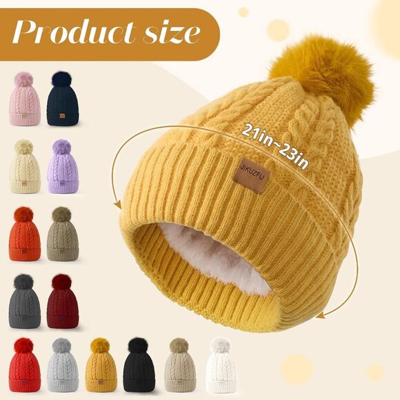 Women\'s Fleece Wool Lined Beige Beanie Winter Warm Snow Knit Cross Pom Hat Cap main image 4